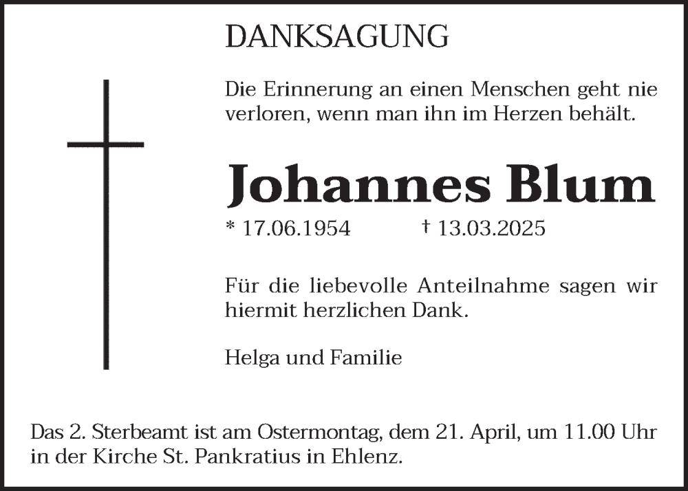  Traueranzeige für Johannes Blum vom 12.04.2025 aus trierischer_volksfreund