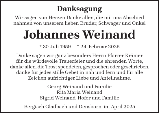 Traueranzeige von Johannes Weinand von trierischer_volksfreund