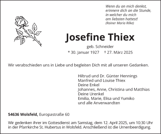 Traueranzeige von Josefine Thiex von trierischer_volksfreund