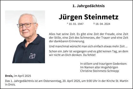 Traueranzeige von Jürgen Steinmetz von trierischer_volksfreund