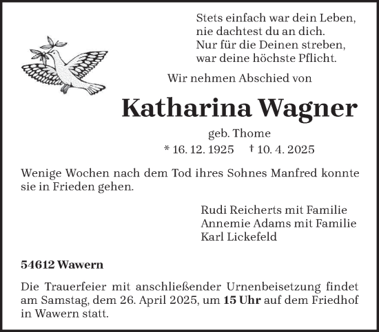 Traueranzeige von Katharina Wagner von trierischer_volksfreund