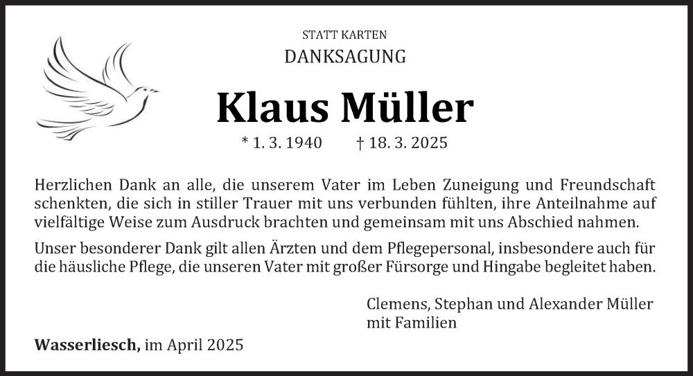  Traueranzeige für Klaus Müller vom 12.04.2025 aus trierischer_volksfreund