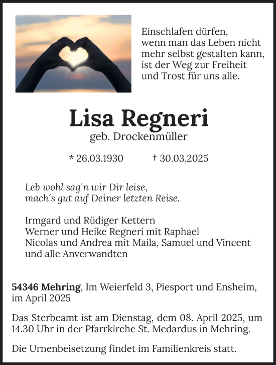Traueranzeige von Lisa Regneri von trierischer_volksfreund