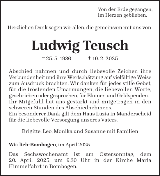 Traueranzeige von Ludwig Teusch von trierischer_volksfreund
