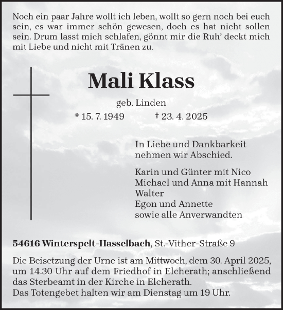 Traueranzeige von Mali Klass von trierischer_volksfreund