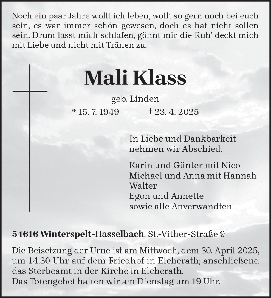  Traueranzeige für Mali Klass vom 26.04.2025 aus trierischer_volksfreund