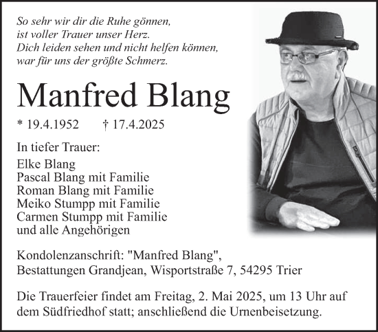 Traueranzeige von Manfred Blang von trierischer_volksfreund