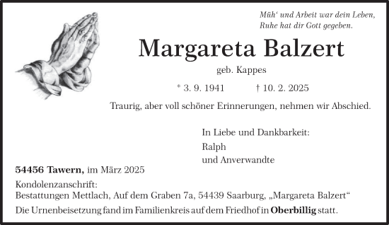 Traueranzeige von Margareta Balzert von trierischer_volksfreund