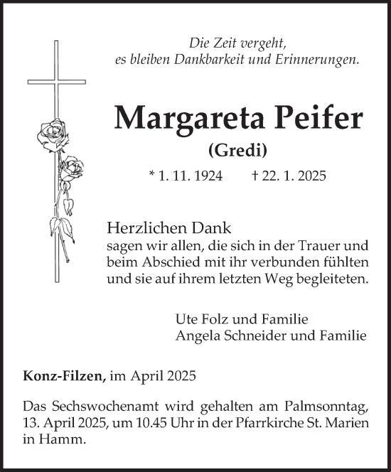 Traueranzeige von Margareta Peifer von trierischer_volksfreund