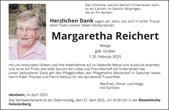 Traueranzeige von Margaretha Reichert von trierischer_volksfreund