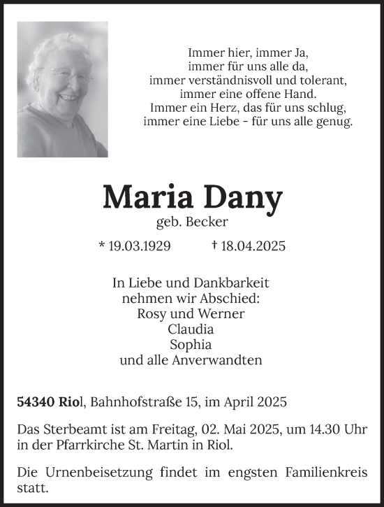 Traueranzeige von Maria Dany von trierischer_volksfreund