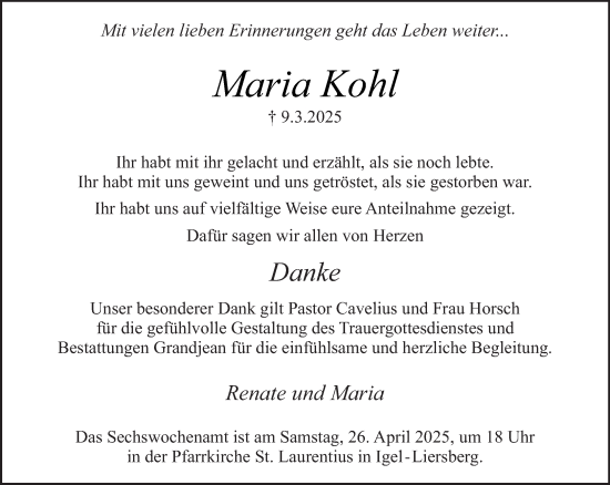 Traueranzeige von Maria Kohl von trierischer_volksfreund