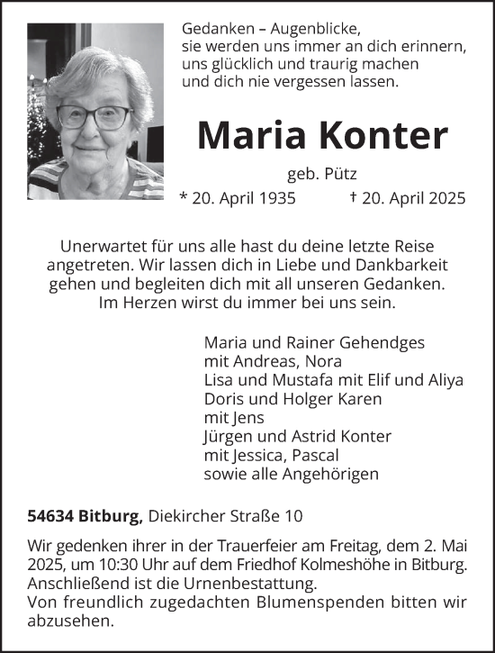 Traueranzeige von Maria Konter von trierischer_volksfreund