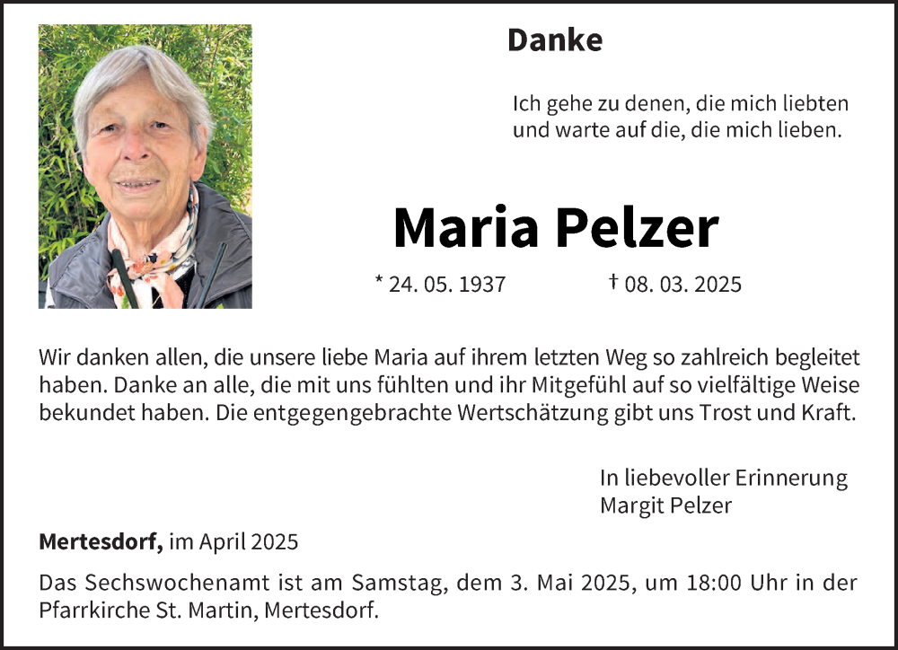  Traueranzeige für Maria Pelzer vom 26.04.2025 aus trierischer_volksfreund