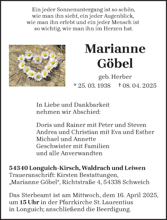 Traueranzeige von Marianne Göbel von trierischer_volksfreund