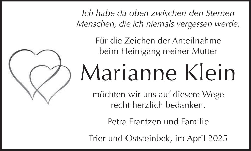  Traueranzeige für Marianne Klein vom 26.04.2025 aus trierischer_volksfreund