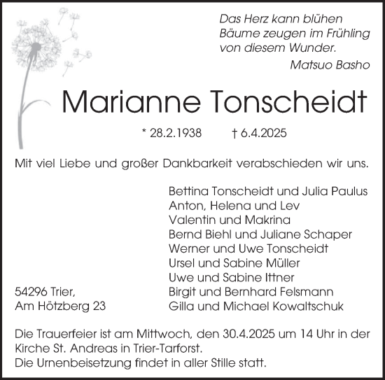 Traueranzeige von Marianne Tonscheidt von trierischer_volksfreund