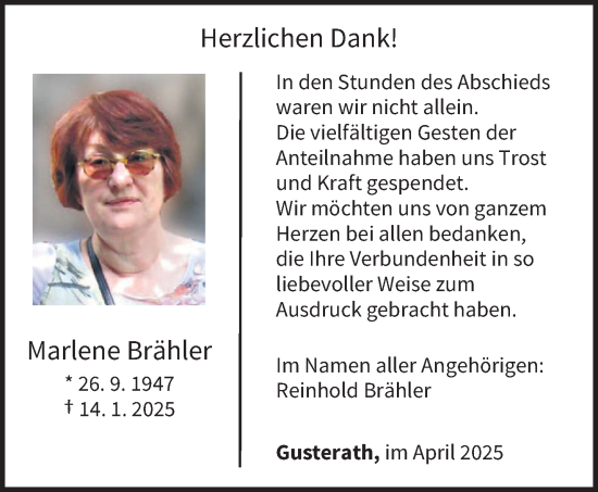 Traueranzeige von Marlene Brähler von trierischer_volksfreund
