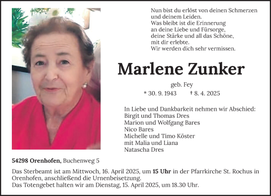 Traueranzeige von Marlene Zunker von trierischer_volksfreund