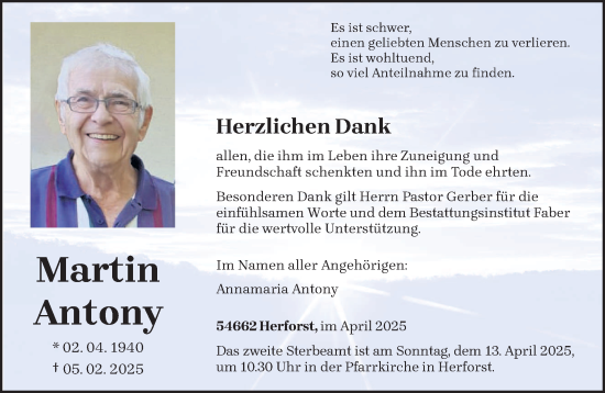 Traueranzeige von Martin Antony von trierischer_volksfreund