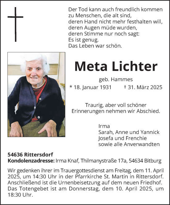 Traueranzeige von Meta Lichter von trierischer_volksfreund