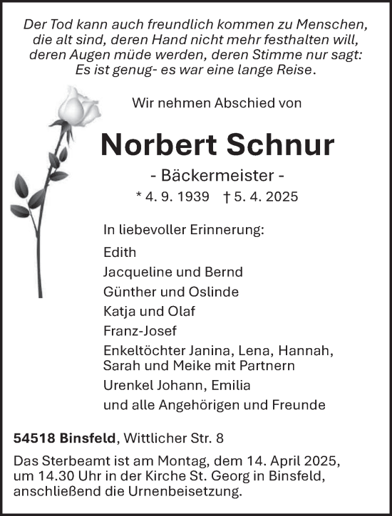 Traueranzeige von Norbert Schnur von trierischer_volksfreund