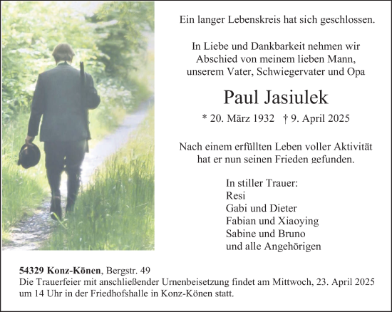 Traueranzeige von Paul Jasiulek von trierischer_volksfreund