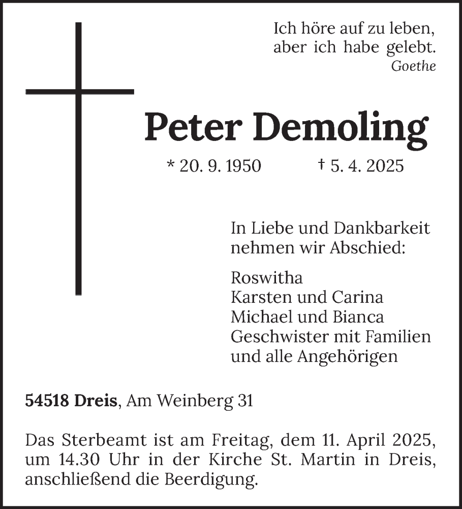  Traueranzeige für Peter Demoling vom 09.04.2025 aus trierischer_volksfreund