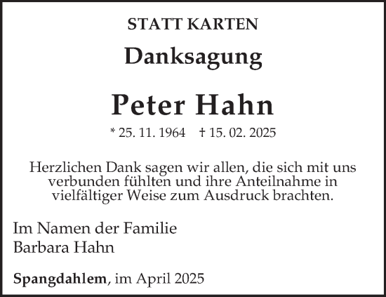 Traueranzeige von Peter Hahn von trierischer_volksfreund