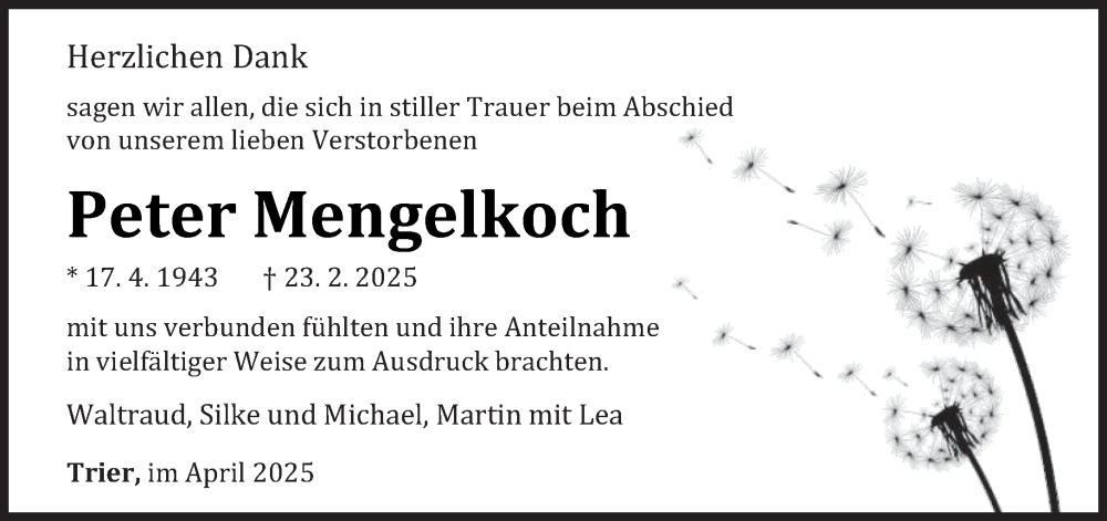  Traueranzeige für Peter Mengelkoch vom 19.04.2025 aus trierischer_volksfreund
