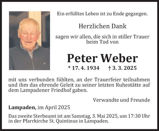 Traueranzeige von Peter Weber von trierischer_volksfreund