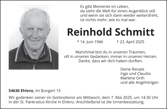 Traueranzeige von Reinhold Schmitt von trierischer_volksfreund