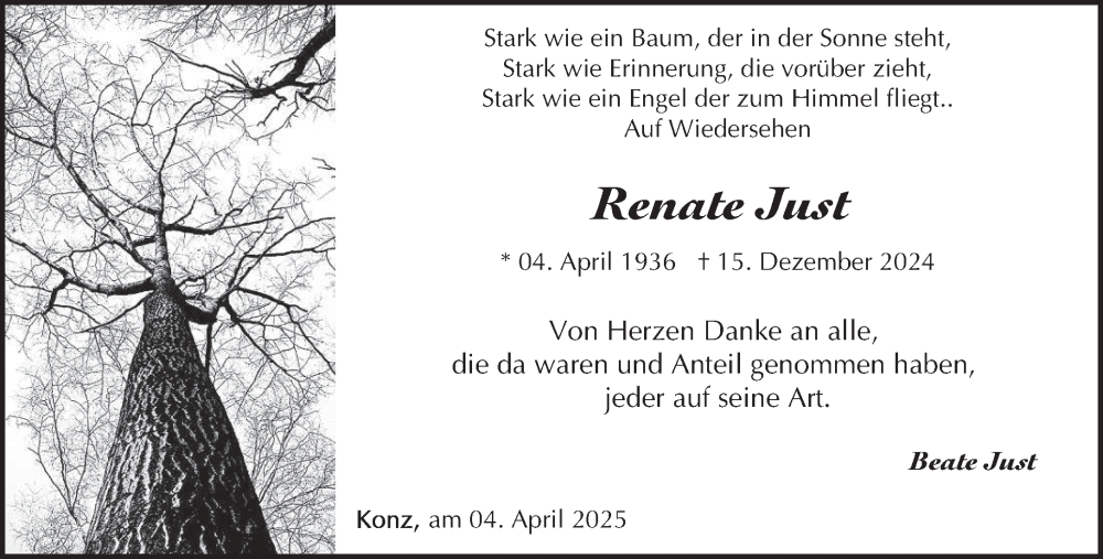  Traueranzeige für Renate Just vom 04.04.2025 aus trierischer_volksfreund