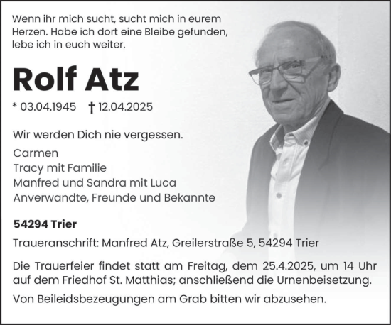 Traueranzeige von Rolf Atz von trierischer_volksfreund