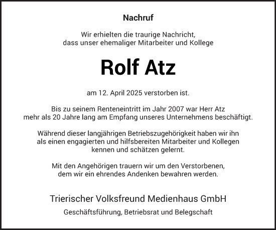 Traueranzeige von Rolf Atz von trierischer_volksfreund