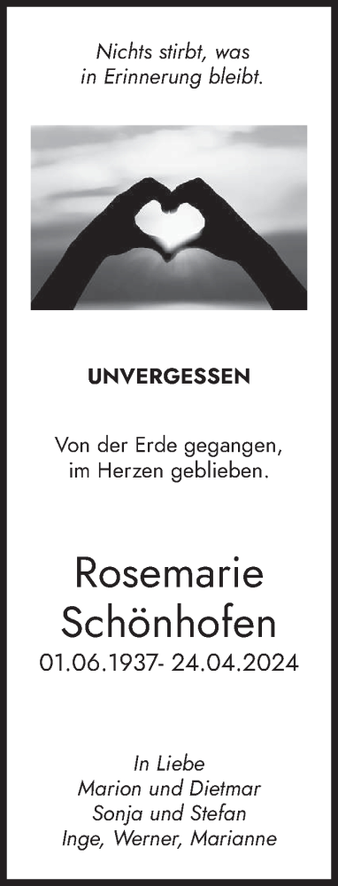 Traueranzeige von Rosemarie Schönhofen von trierischer_volksfreund