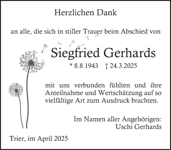 Traueranzeige von Siegfried Gerhards von trierischer_volksfreund