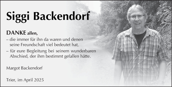 Traueranzeige von Siggi Backendorf von trierischer_volksfreund