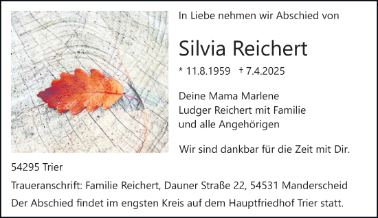 Traueranzeige von Silvia Reichert von trierischer_volksfreund