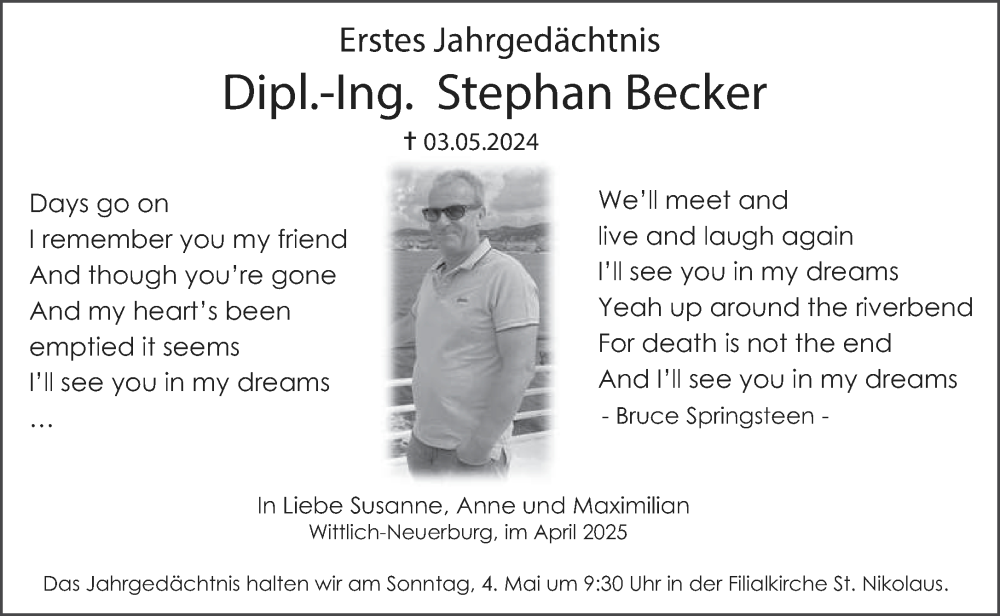  Traueranzeige für Stephan Becker vom 26.04.2025 aus trierischer_volksfreund