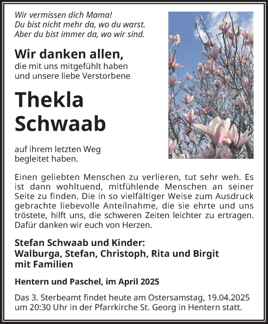 Traueranzeige von Thekla Schwaab von trierischer_volksfreund