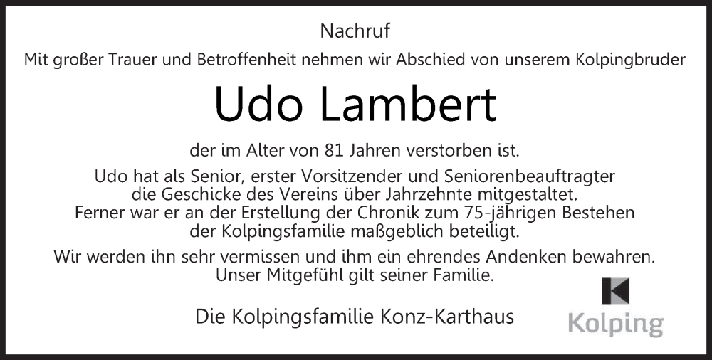  Traueranzeige für Udo Lambert vom 19.04.2025 aus trierischer_volksfreund
