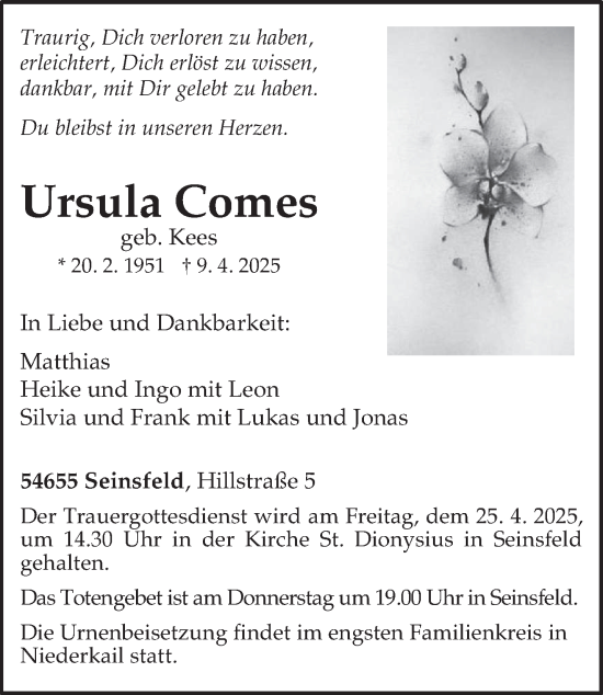 Traueranzeige von Ursula Comes von trierischer_volksfreund
