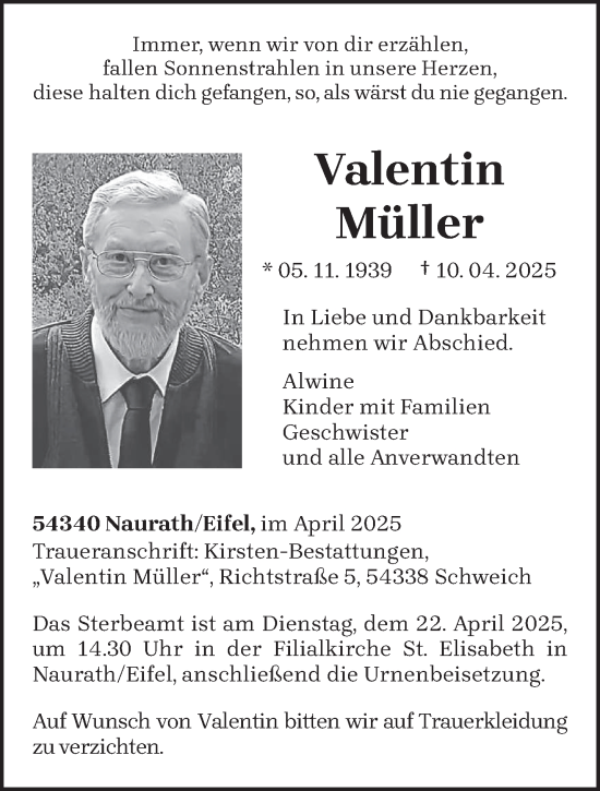 Traueranzeige von Valentin Müller von trierischer_volksfreund