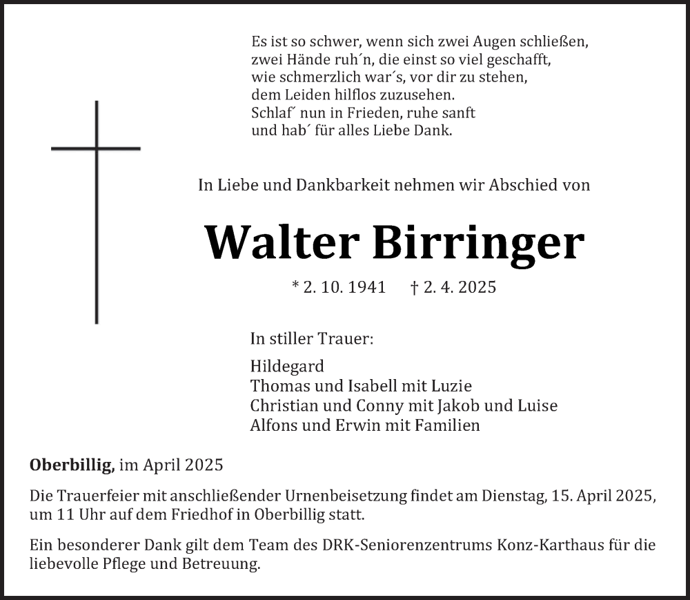  Traueranzeige für Walter Birringer vom 09.04.2025 aus trierischer_volksfreund