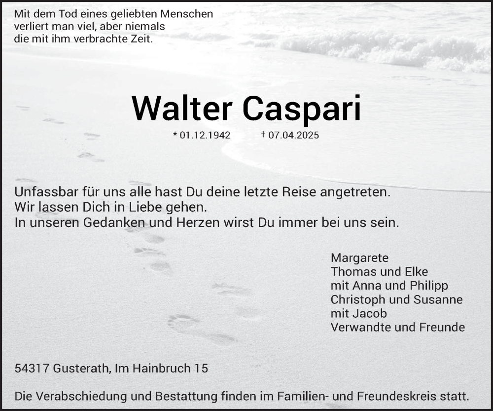  Traueranzeige für Walter Caspari vom 19.04.2025 aus trierischer_volksfreund