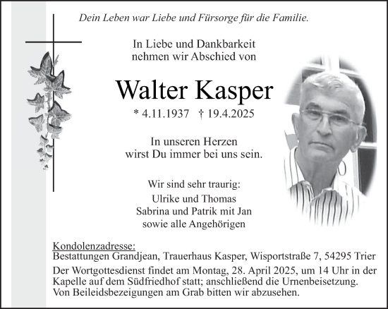 Traueranzeige von Walter Kasper von trierischer_volksfreund