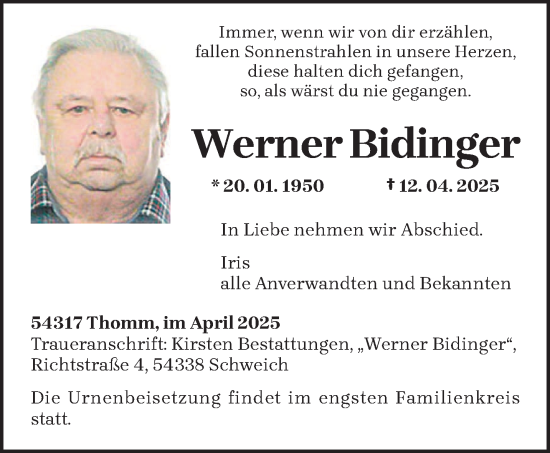 Traueranzeige von Werner Bidinger von trierischer_volksfreund