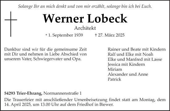Traueranzeige von Werner Lobeck von trierischer_volksfreund