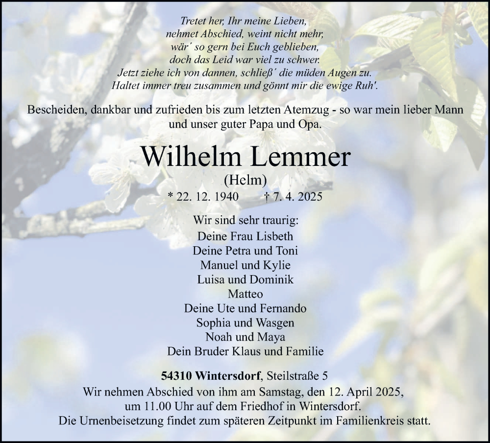  Traueranzeige für Wilhelm Lemmer vom 09.04.2025 aus trierischer_volksfreund
